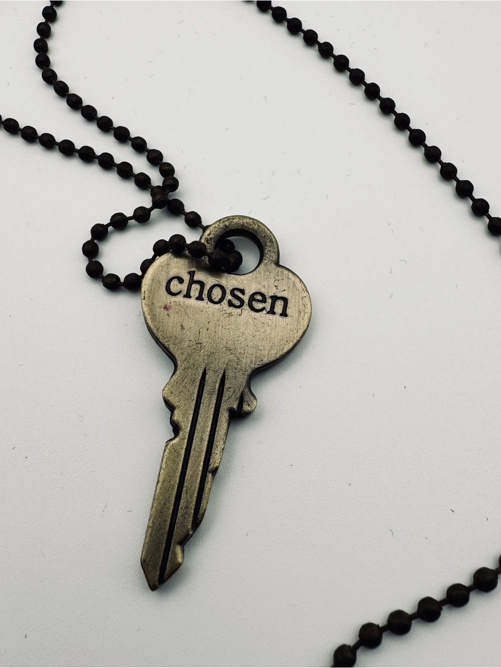 Hand Stamped "Chosen" Vintage Key Necklace | Dark Brass Ball Chain